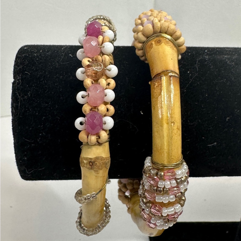 Two Vintage Hand Crafted Bamboo Bangle Bracelets With Pink White & Tan Beads